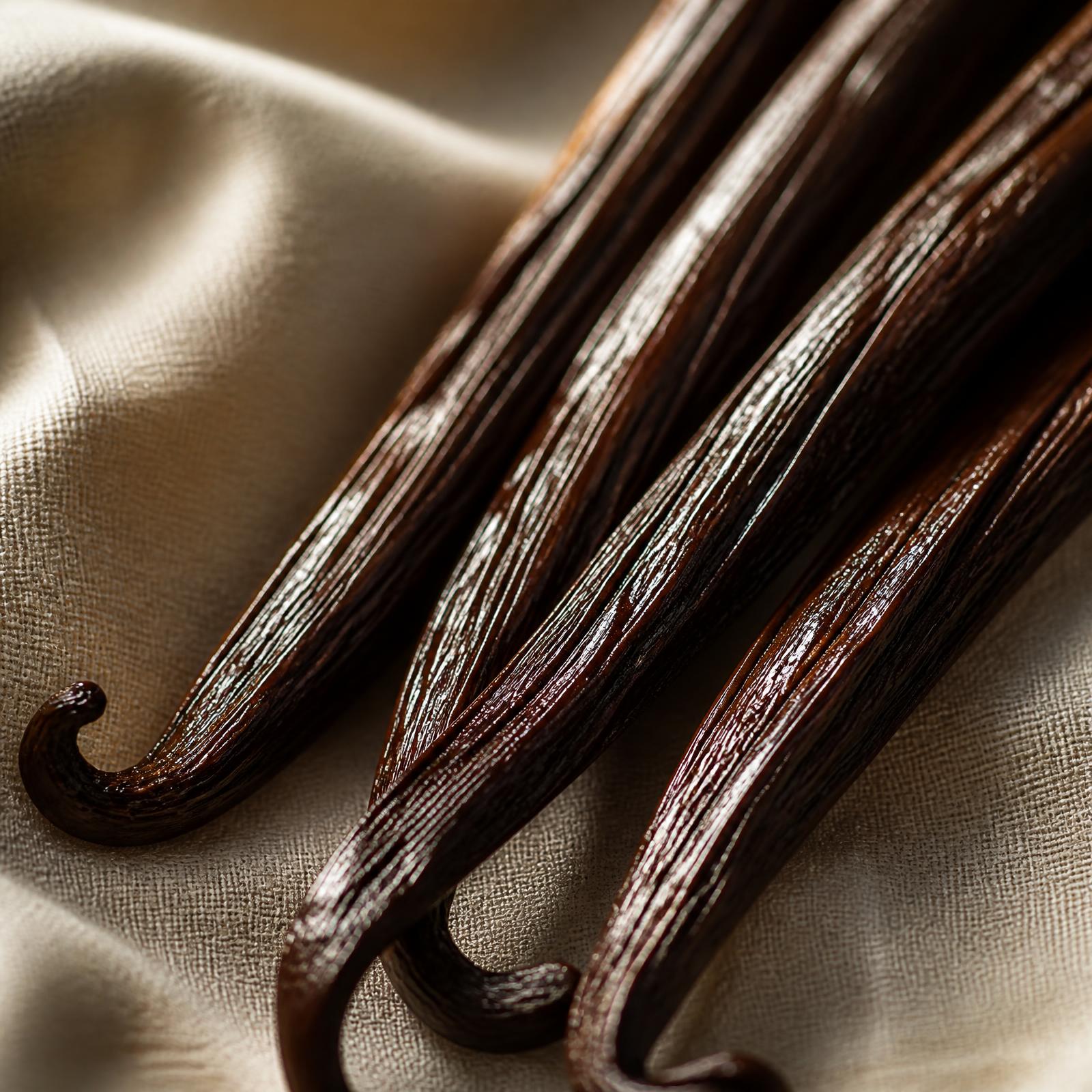 Premium Indonesian vanilla pods on ivory linen